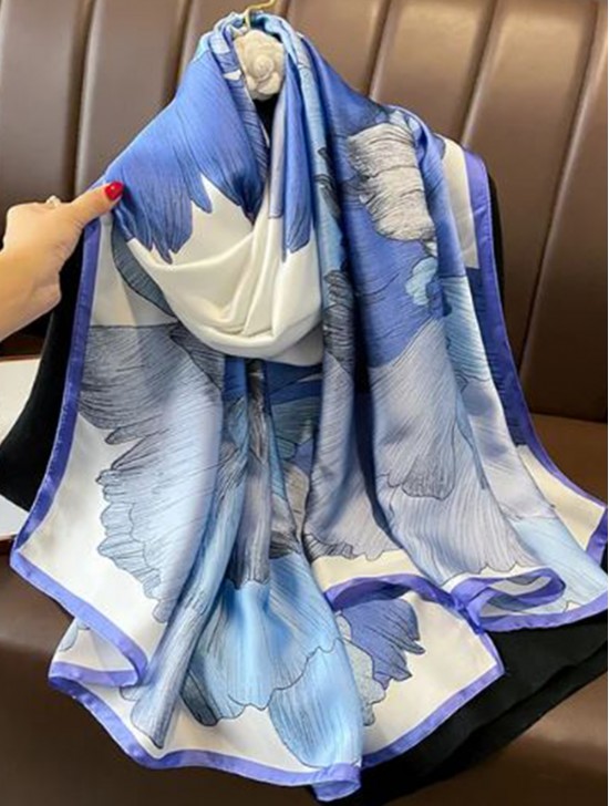Premium Silk Feeling Blue Flower Print Scarf